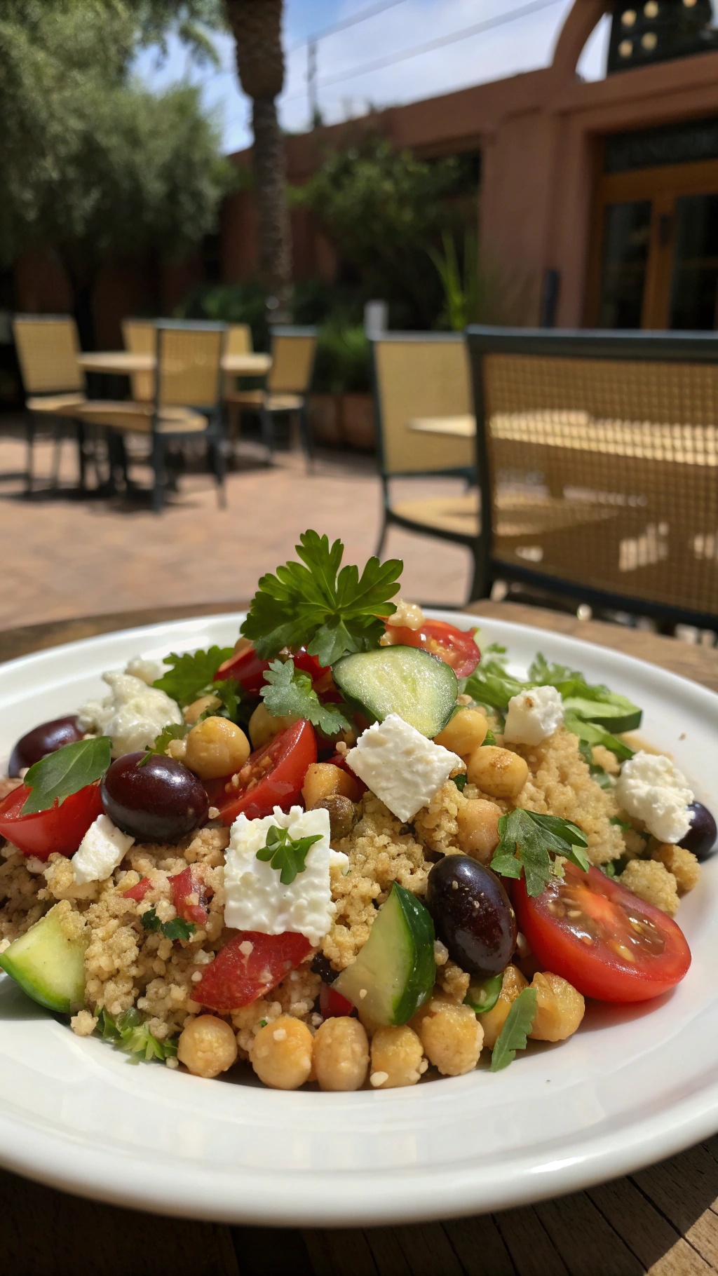 A vibrant Mediterranean-inspired quinoa salad with chickpeas, feta, and fresh vegetables.