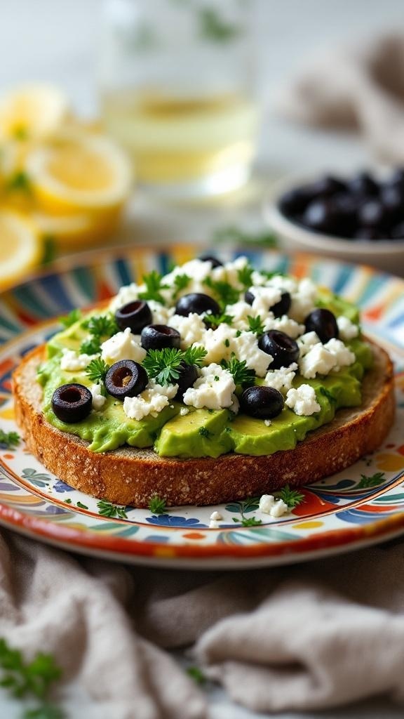 Mediterranean avocado toast topped with feta cheese and olives on a colorful plate.