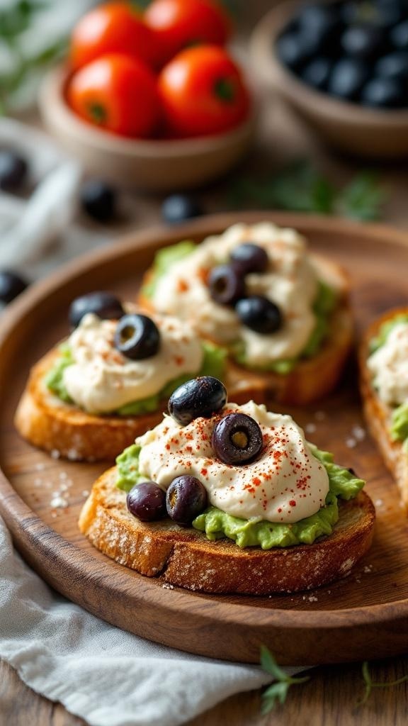 Mediterranean avocado toast topped with hummus and olives on a wooden plate, with tomatoes in the background.