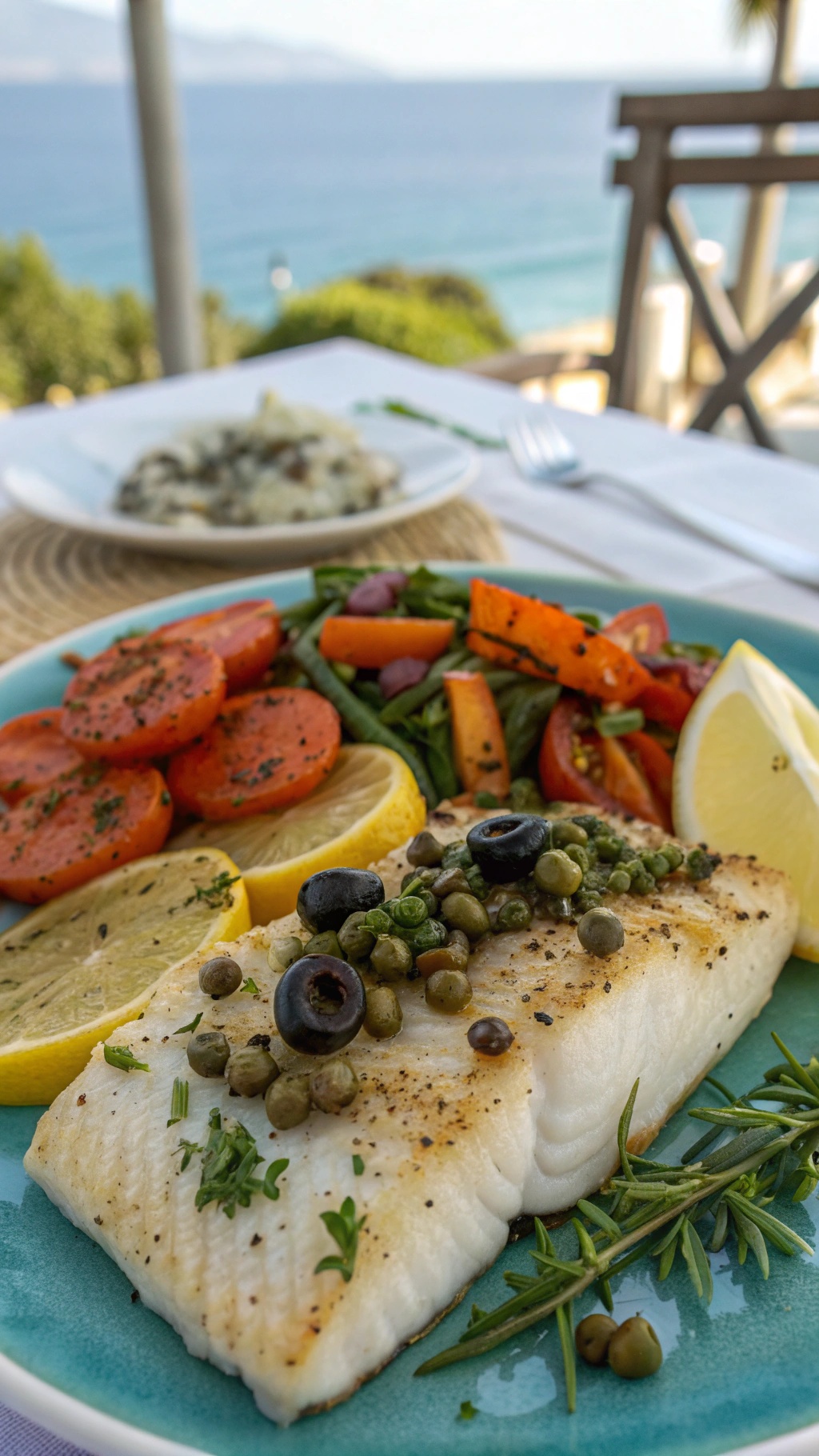 A plate of Mediterranean baked fish with olives, capers, and lemon slices, served with colorful roasted vegetables.