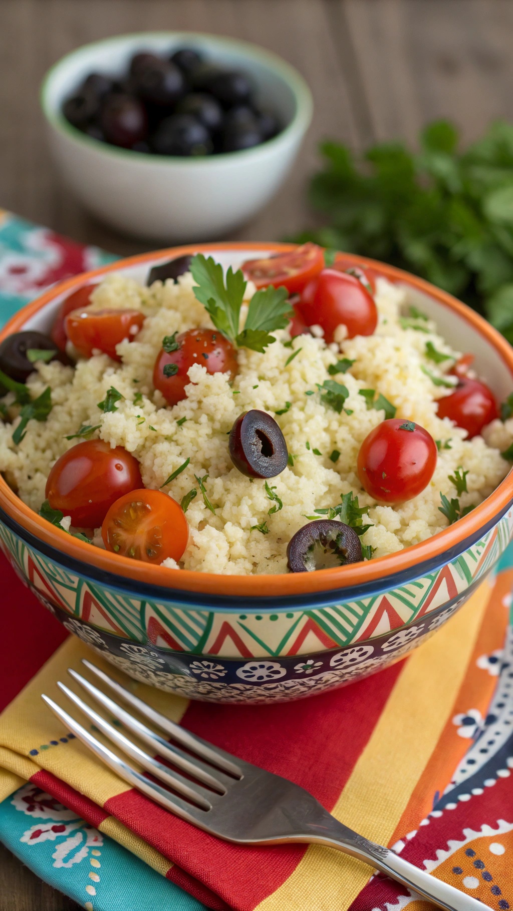 A colorful bowl of Mediterranean cauliflower rice topped with cherry tomatoes and olives, served with a fork on a vibrant tablecloth.