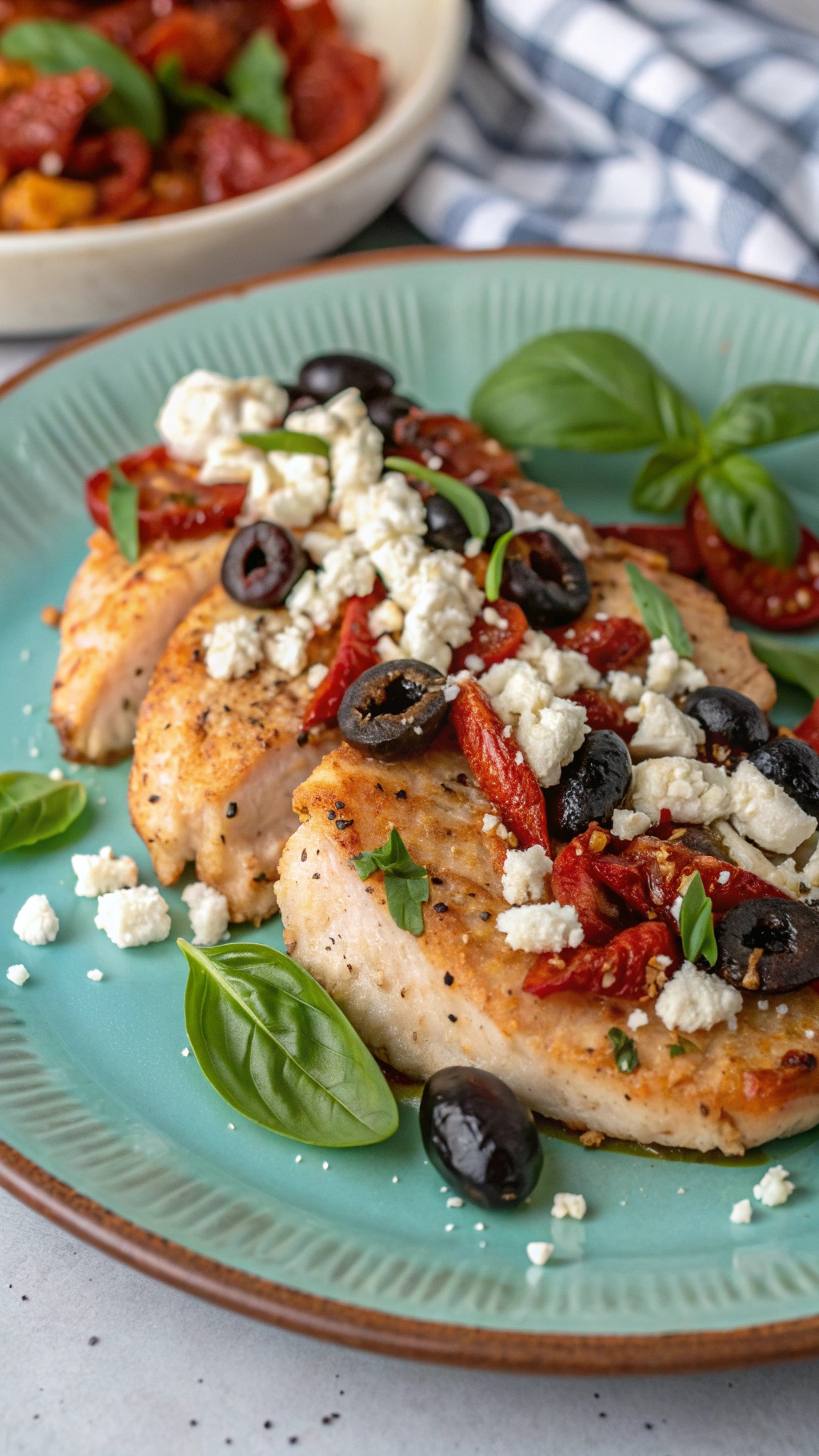 Mediterranean chicken breasts topped with olives, sun-dried tomatoes, and feta cheese on a blue plate.