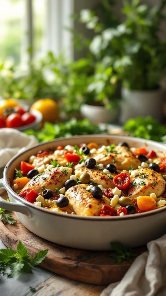A delicious Mediterranean chicken casserole with colorful vegetables and herbs.