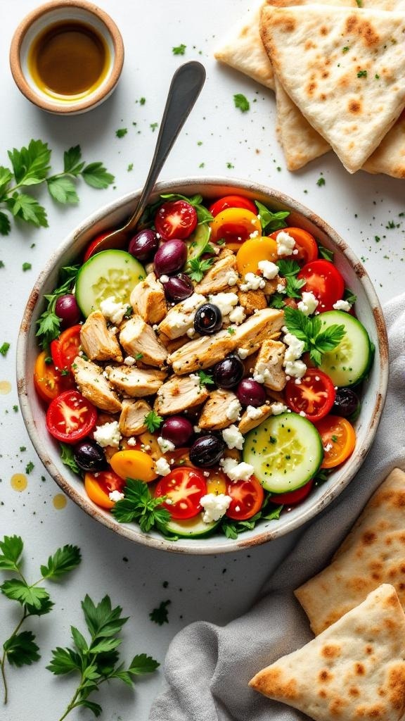 A colorful Mediterranean chicken pita bowl with rotisserie chicken, cherry tomatoes, cucumber, olives, feta cheese, and pita bread.