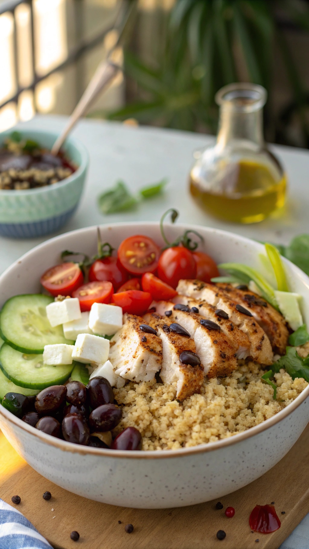 A Mediterranean Chicken Quinoa Bowl with grilled chicken, quinoa, cherry tomatoes, cucumbers, olives, and feta cheese.