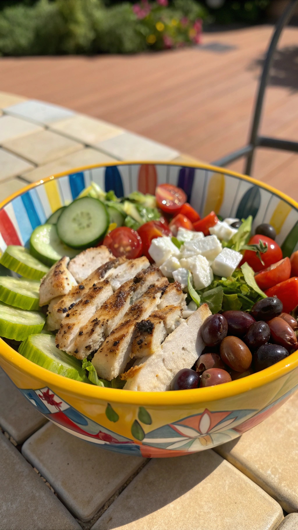 A colorful Mediterranean chicken salad with grilled chicken, cucumbers, tomatoes, olives, and feta cheese in a vibrant bowl.