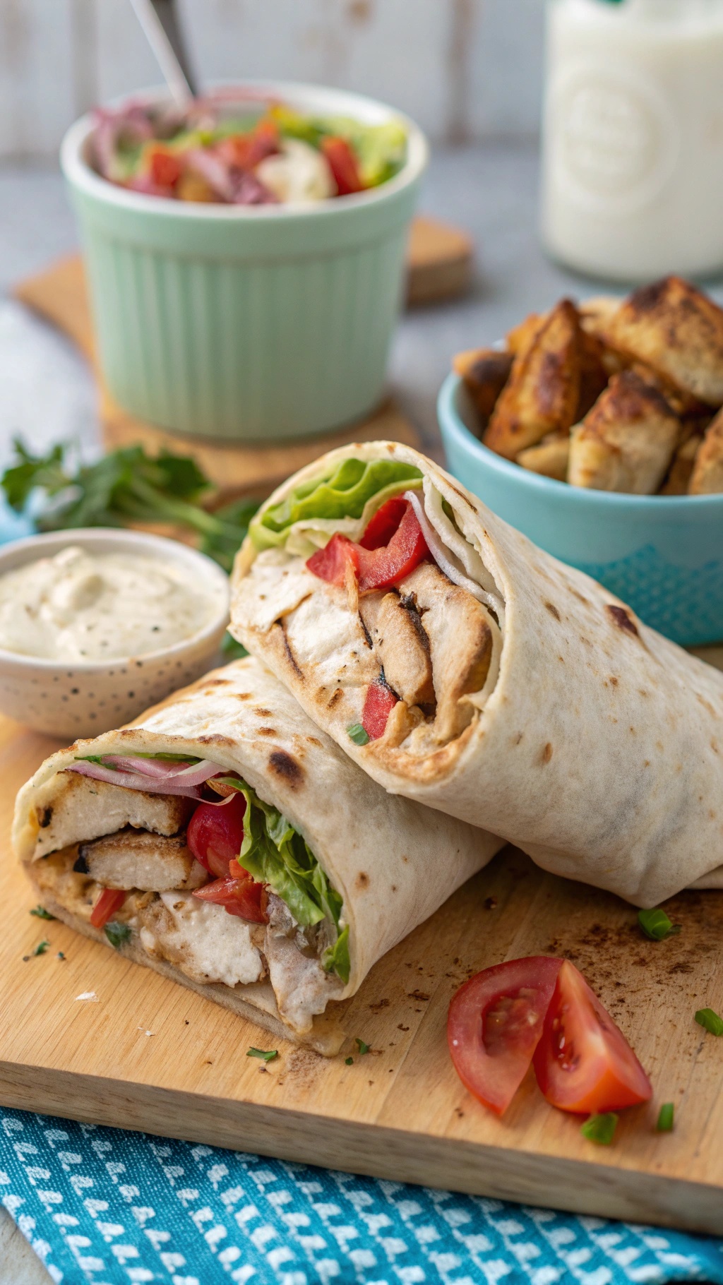Mediterranean chicken shawarma wraps with fresh vegetables and sauce