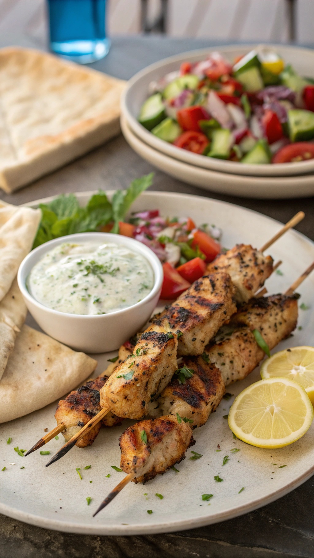 Grilled Mediterranean chicken skewers served with salad and sauce