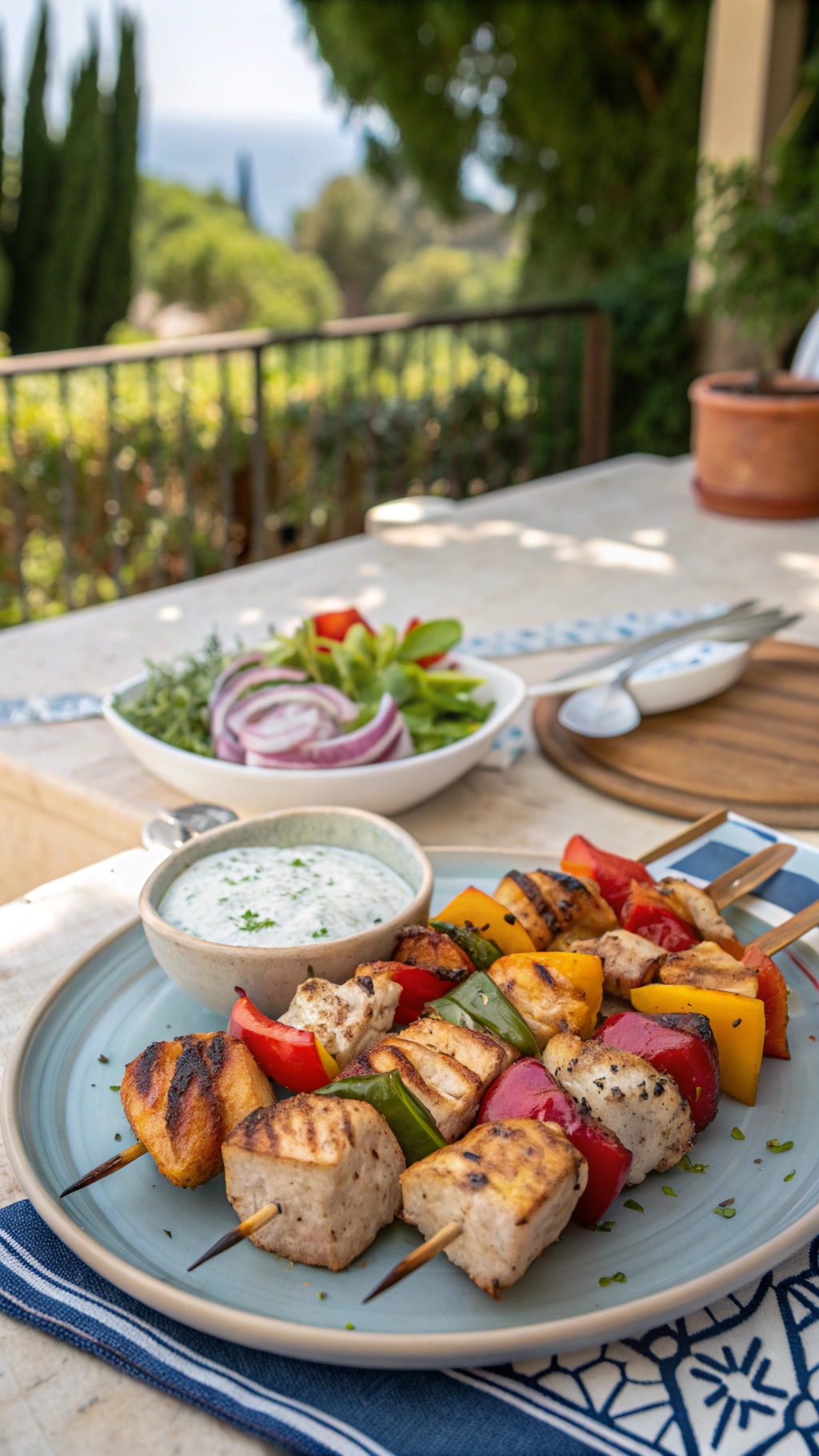 Grilled Mediterranean chicken skewers with colorful vegetables and a creamy dip on a plate.