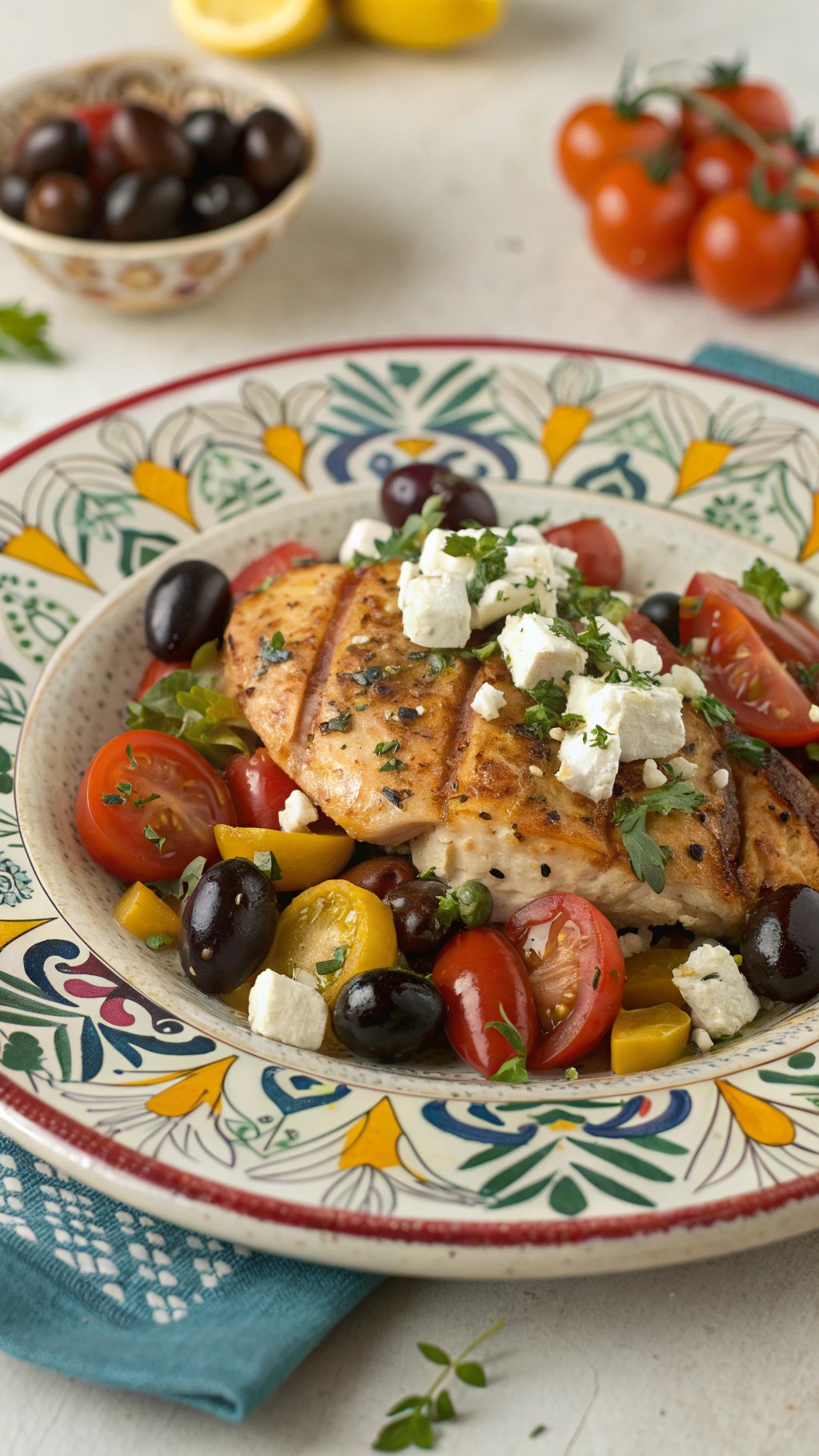 Mediterranean chicken breast with olives and feta served on a colorful plate with cherry tomatoes.
