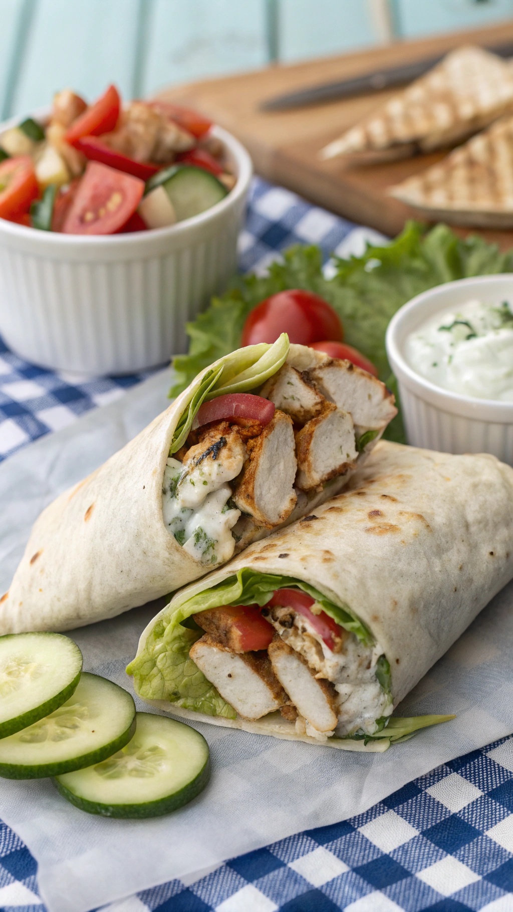 Mediterranean chicken wrap with tzatziki sauce and fresh vegetables