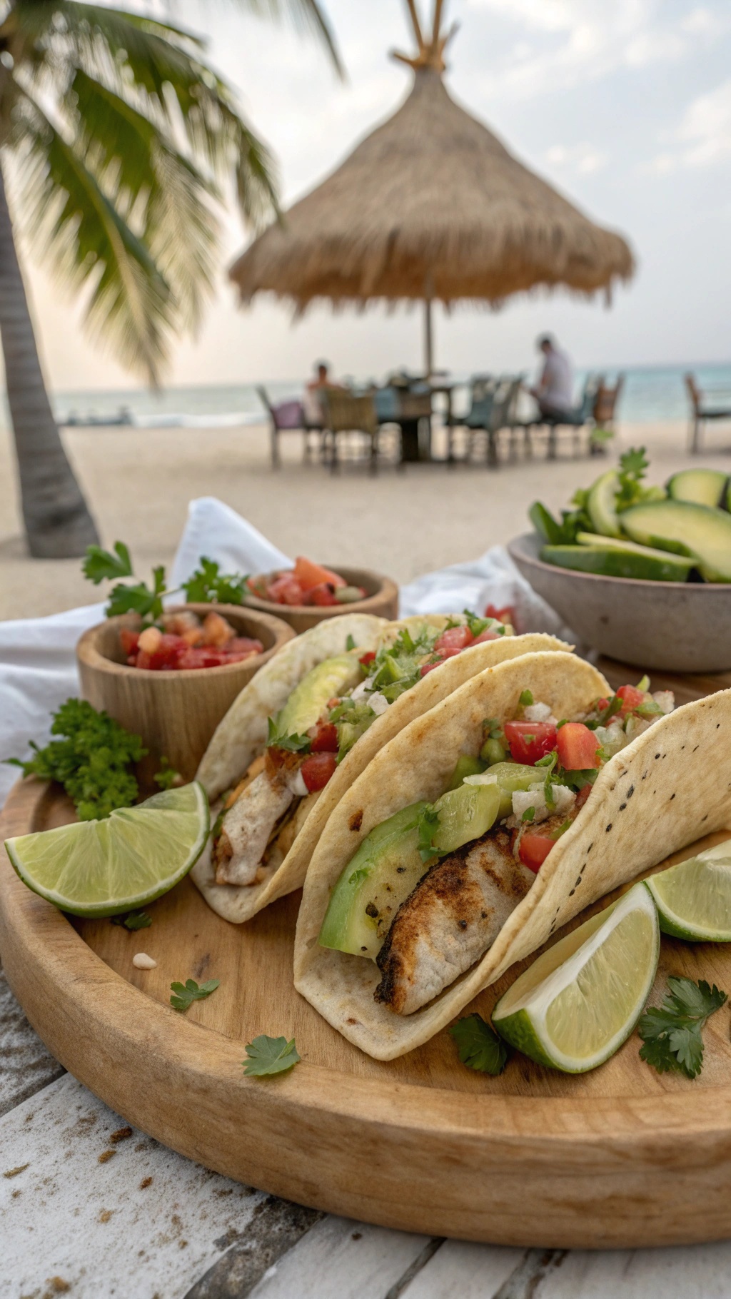 Mediterranean fish tacos with fresh salsa on a wooden platter, set against a beach background.