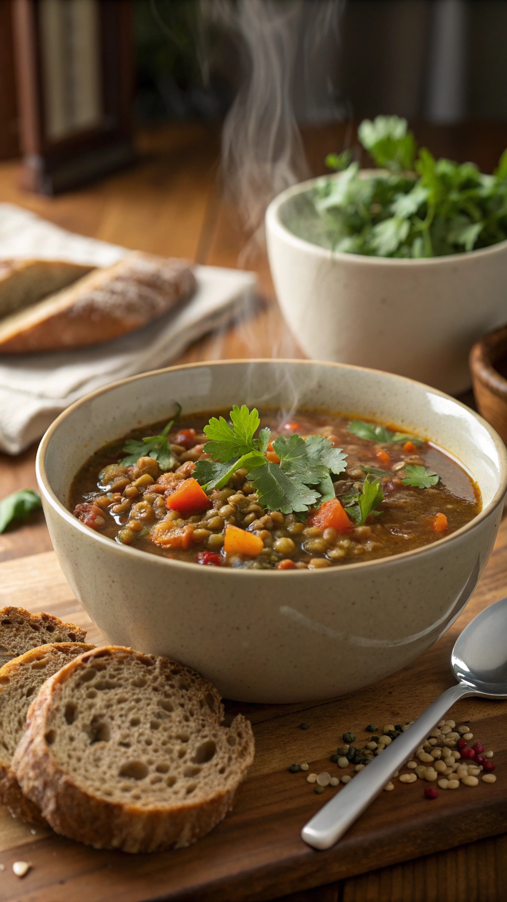 A bowl of Mediterranean lentil soup garnished with fresh herbs, served with slices of bread on a wooden table.