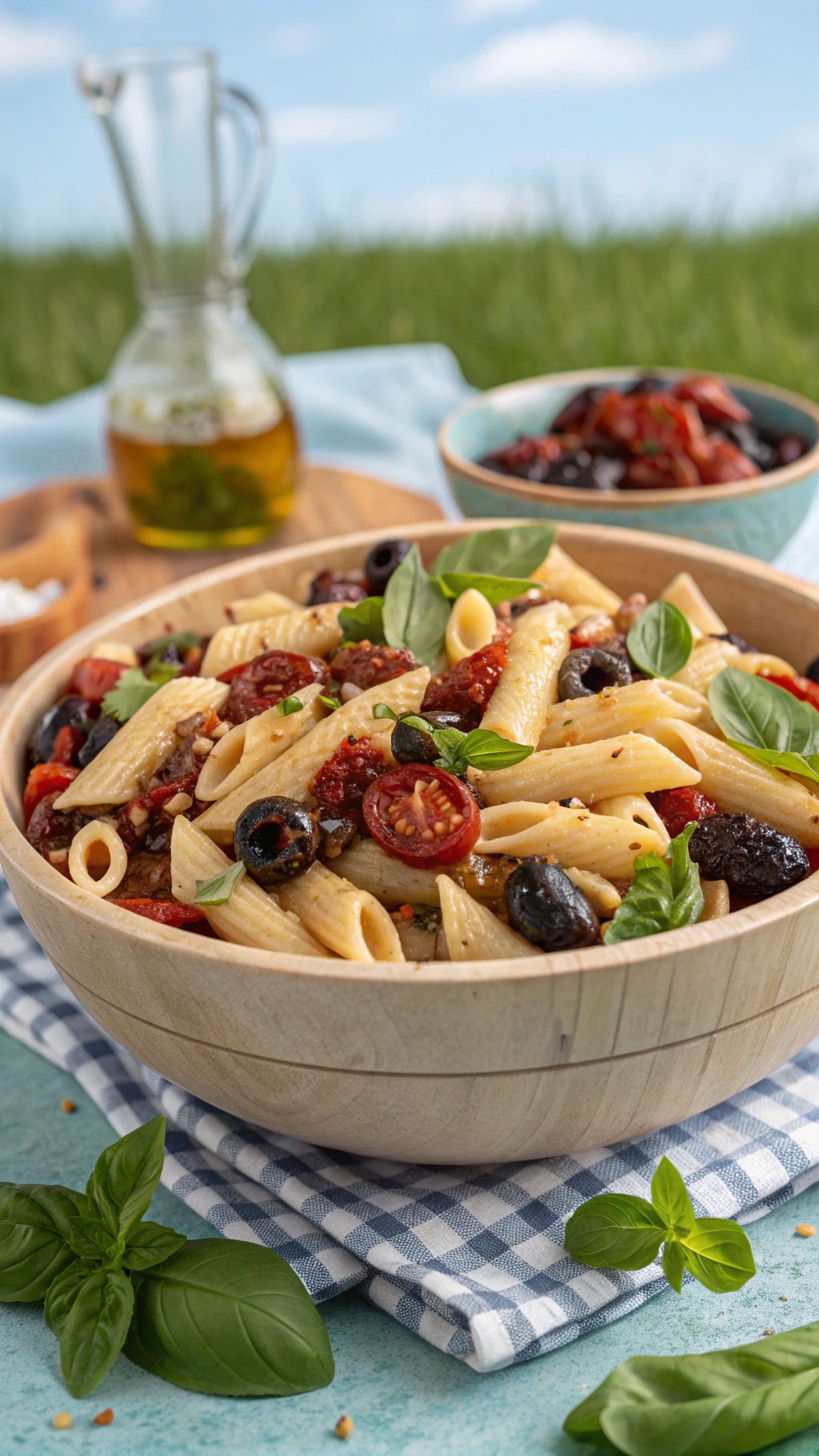 A bowl of Mediterranean pasta salad with olives and sun-dried tomatoes, garnished with fresh basil.