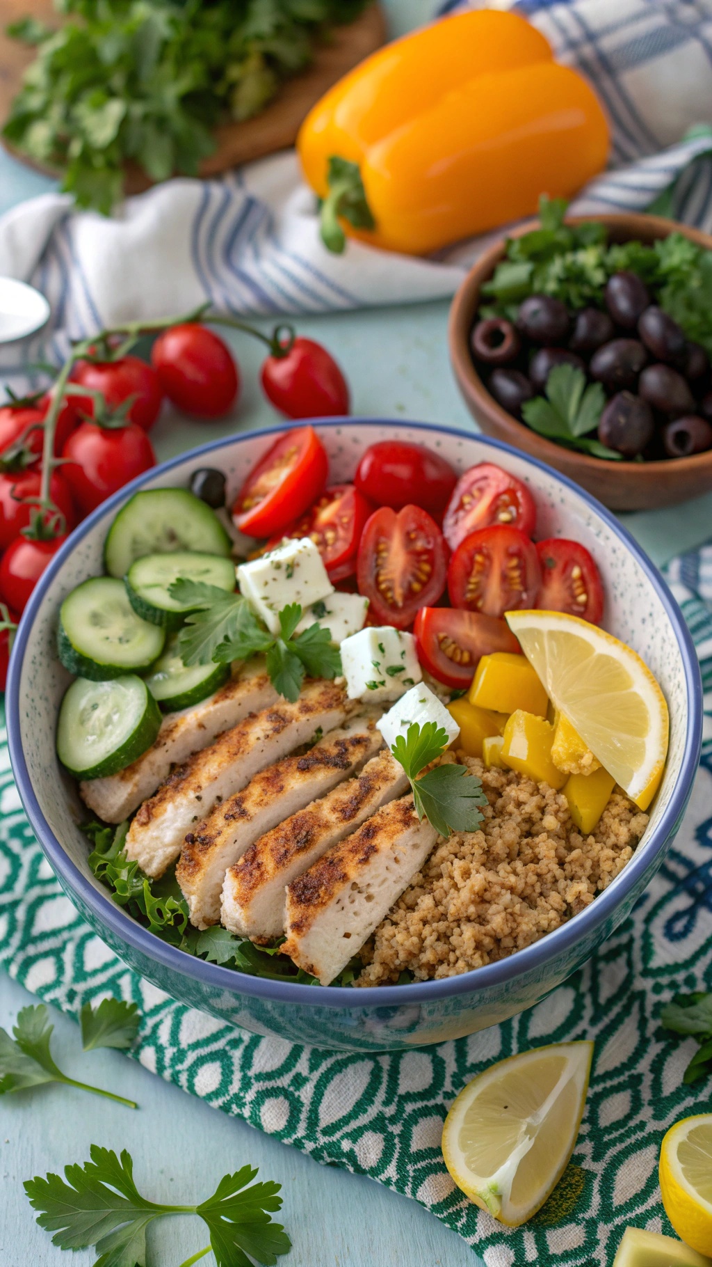 A colorful Mediterranean Quinoa Chicken Bowl with grilled chicken, quinoa, fresh vegetables, and feta cheese.