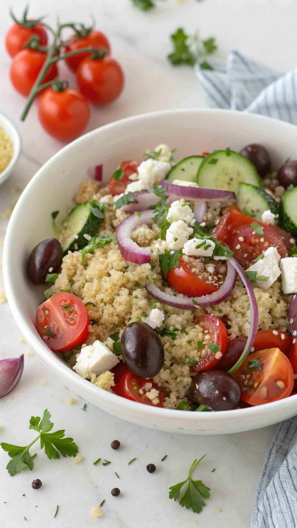 A colorful Mediterranean quinoa salad with cherry tomatoes, cucumber, olives, red onion, and feta cheese.