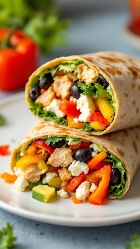 Mediterranean rotisserie chicken wraps filled with fresh vegetables and feta cheese