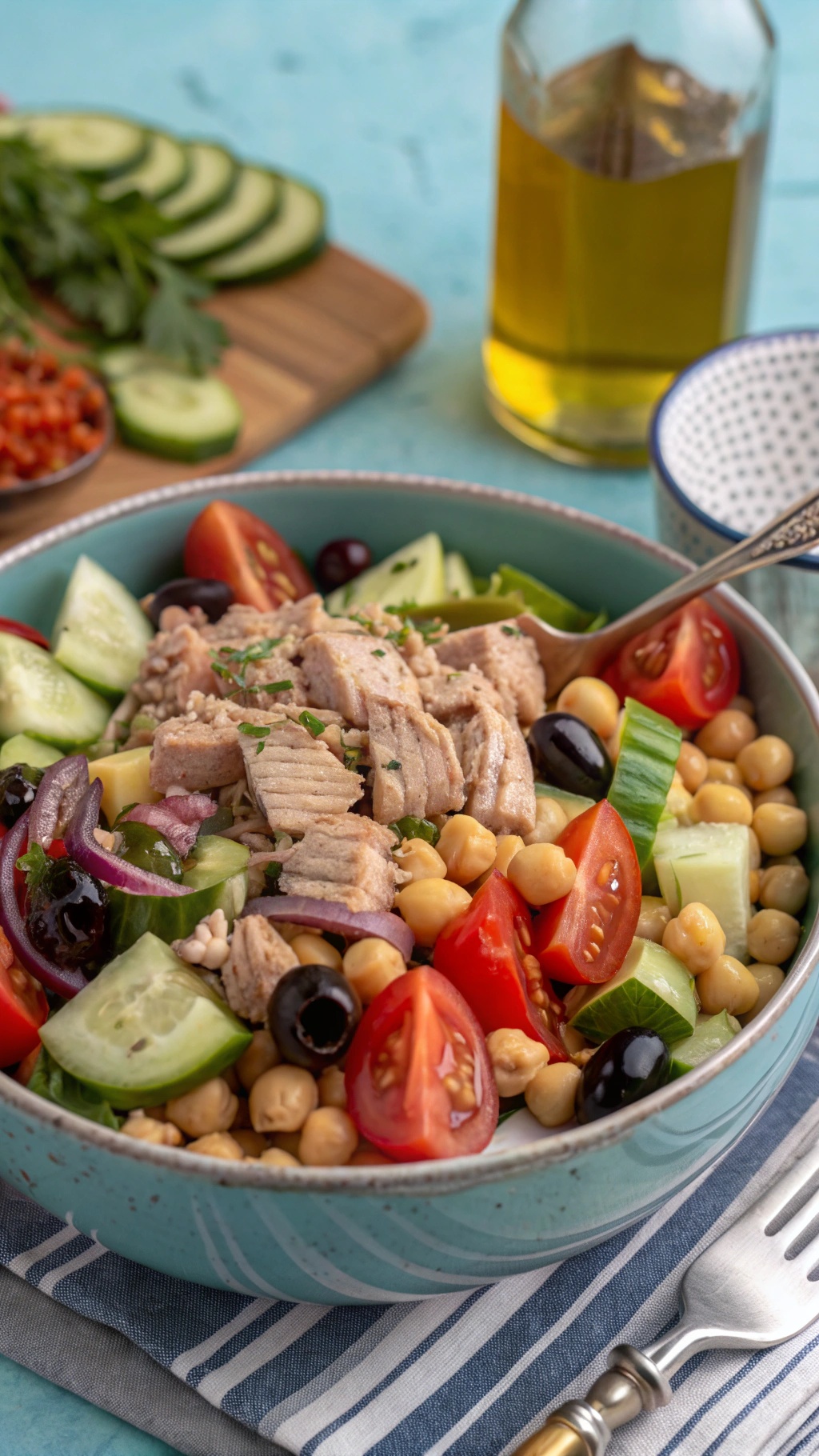 A colorful Mediterranean tuna salad with chickpeas, tomatoes, cucumbers, and olives in a bowl.