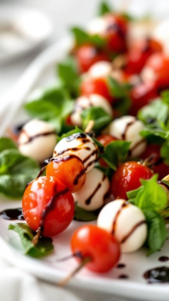 Mini Caprese skewers with cherry tomatoes, mozzarella, and basil drizzled with balsamic glaze.