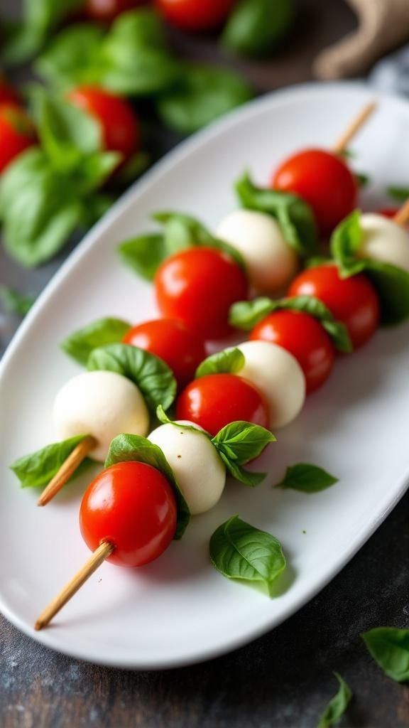 Mini Caprese skewers with cherry tomatoes, mozzarella balls, and basil leaves on a white plate.