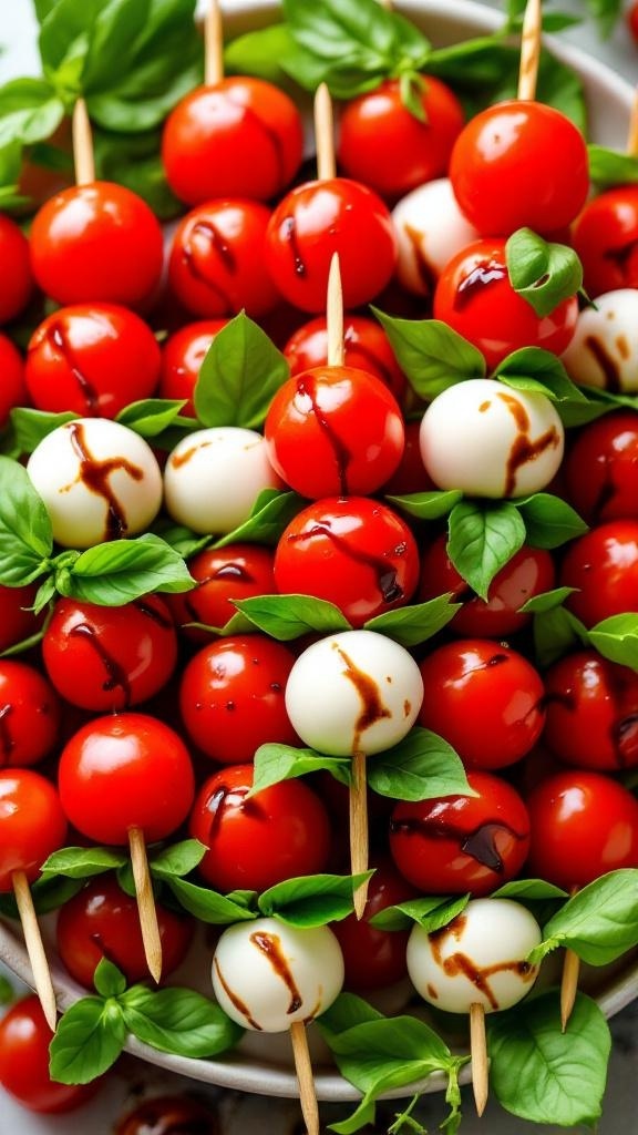 Mini Caprese skewers with cherry tomatoes, mozzarella balls, and basil leaves