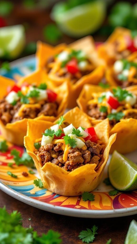 Mini taco cups filled with seasoned meat, cheese, and fresh toppings on a colorful plate.