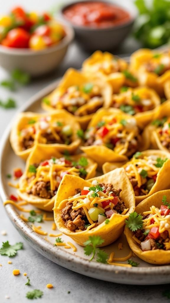 A platter of mini taco cups filled with meat, cheese, and colorful toppings, served with salsa.
