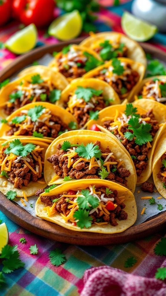A platter of mini tacos filled with seasoned meat, cheese, and topped with cilantro, served with lime wedges.