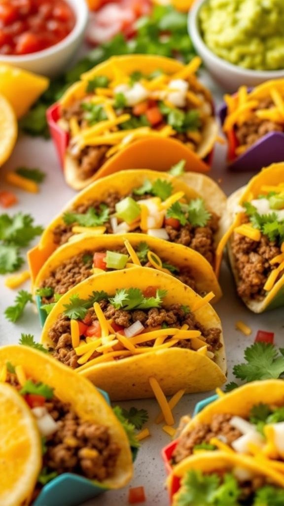 Mini tacos filled with ground beef, cheese, and fresh toppings, served with salsa and guacamole.