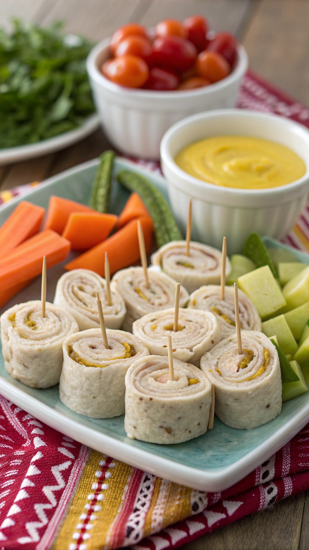 A platter of mini turkey and cheese roll-ups with fresh vegetables and dipping sauce.