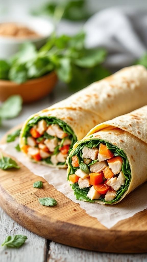 Mini turkey and spinach wraps on a wooden board, showcasing fresh ingredients.
