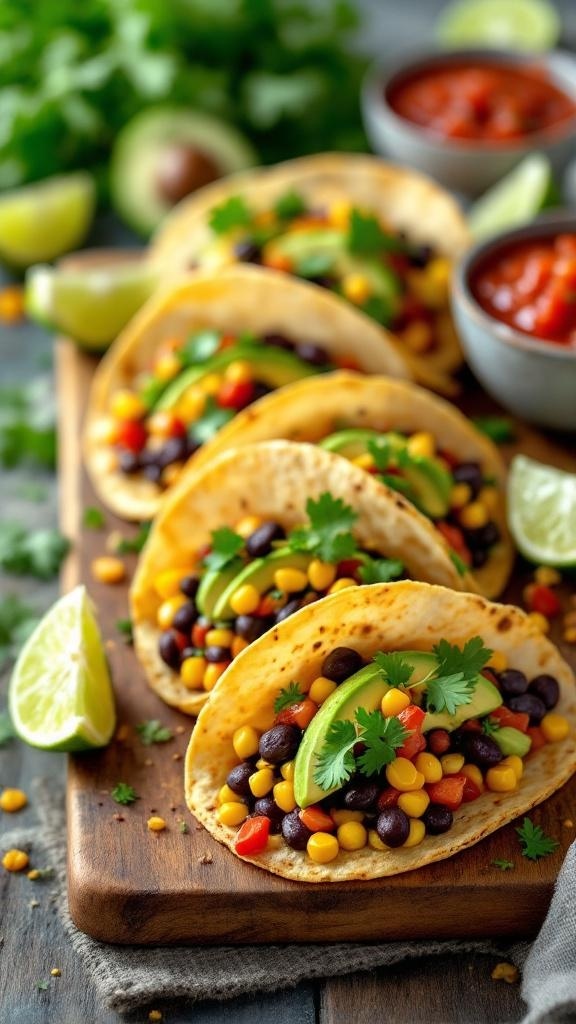 Mini vegan tacos filled with black beans, corn, and colorful veggies on a wooden board with lime wedges and salsa.