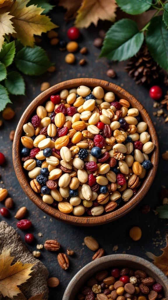 A wooden bowl filled with a colorful mix of nuts and dried fruits, surrounded by leaves and pine cones.