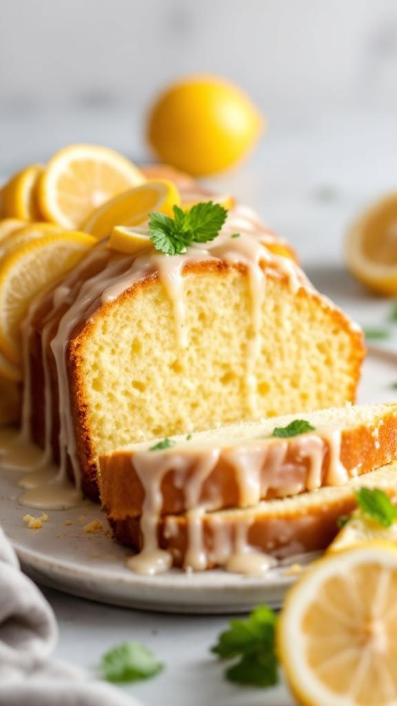 Keto Lemon Pound Cake with lemon slices and mint garnish