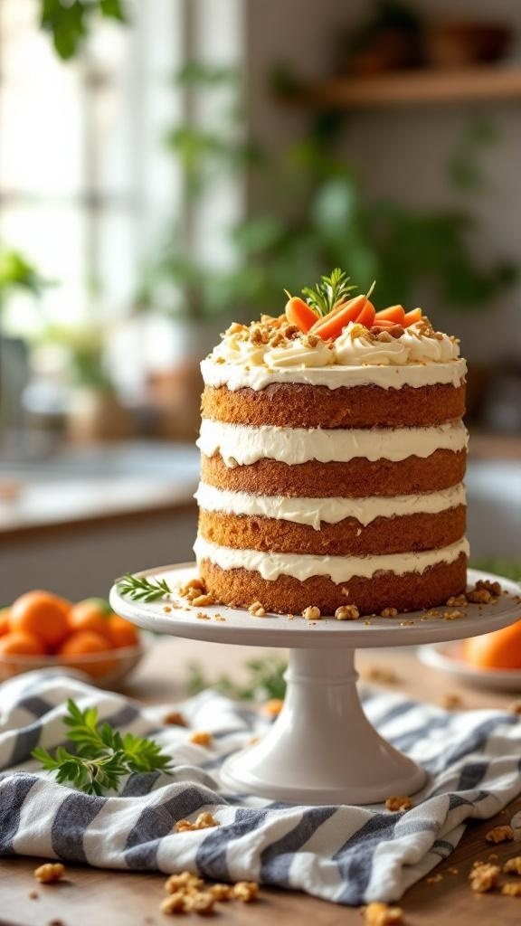 A beautifully layered vegan carrot cake with creamy frosting, garnished with carrot pieces and nuts.