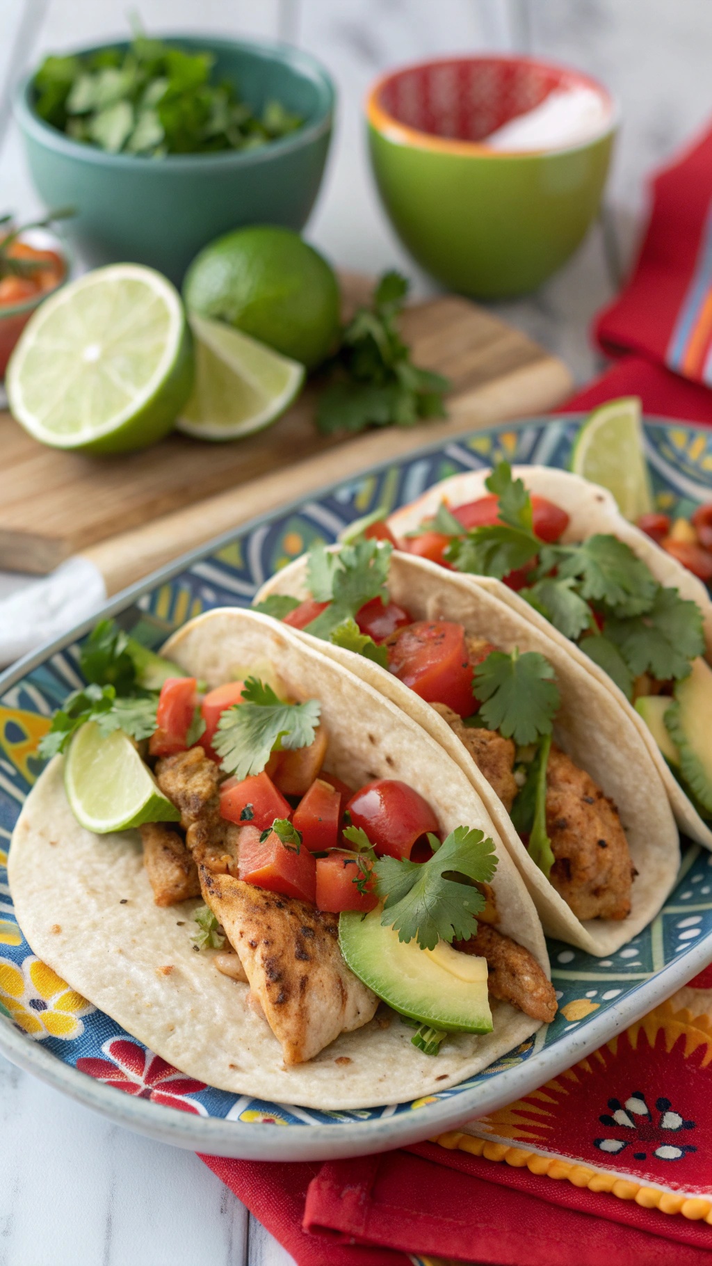 Air fryer chicken tacos with toppings like tomatoes, avocado, and cilantro on a colorful plate.