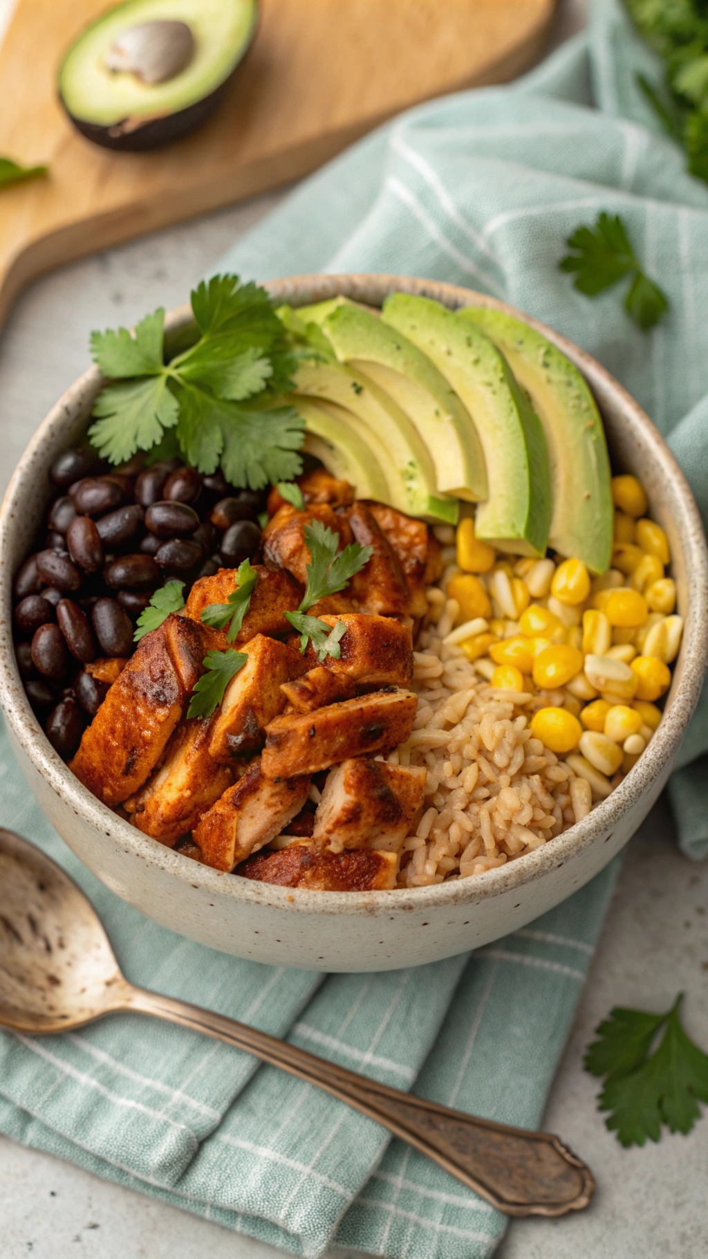 A bowl filled with BBQ chicken, black beans, corn, brown rice, and avocado slices, garnished with cilantro.