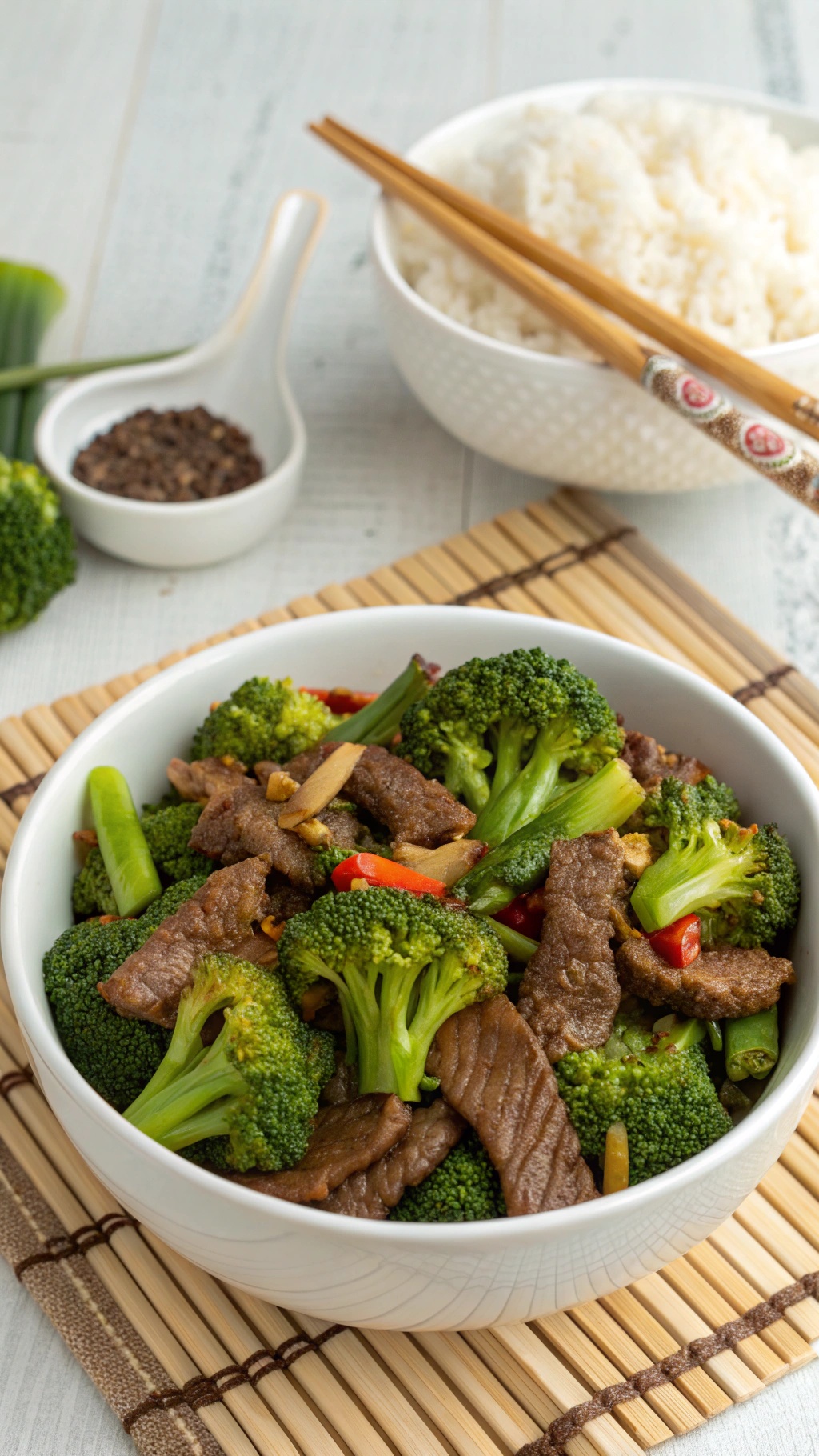 A delicious bowl of beef and broccoli stir-fry with rice, garnished with chopsticks.
