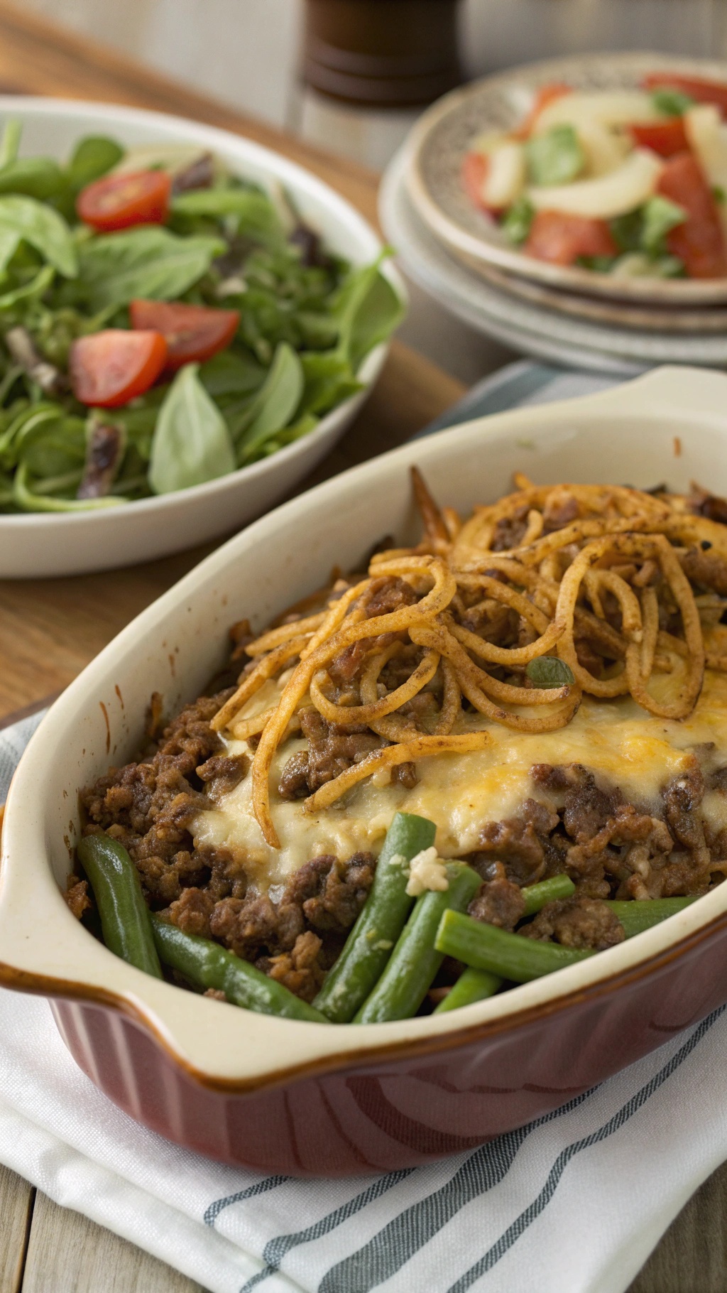A delicious beef and green bean casserole topped with crispy onions, served with a side salad.