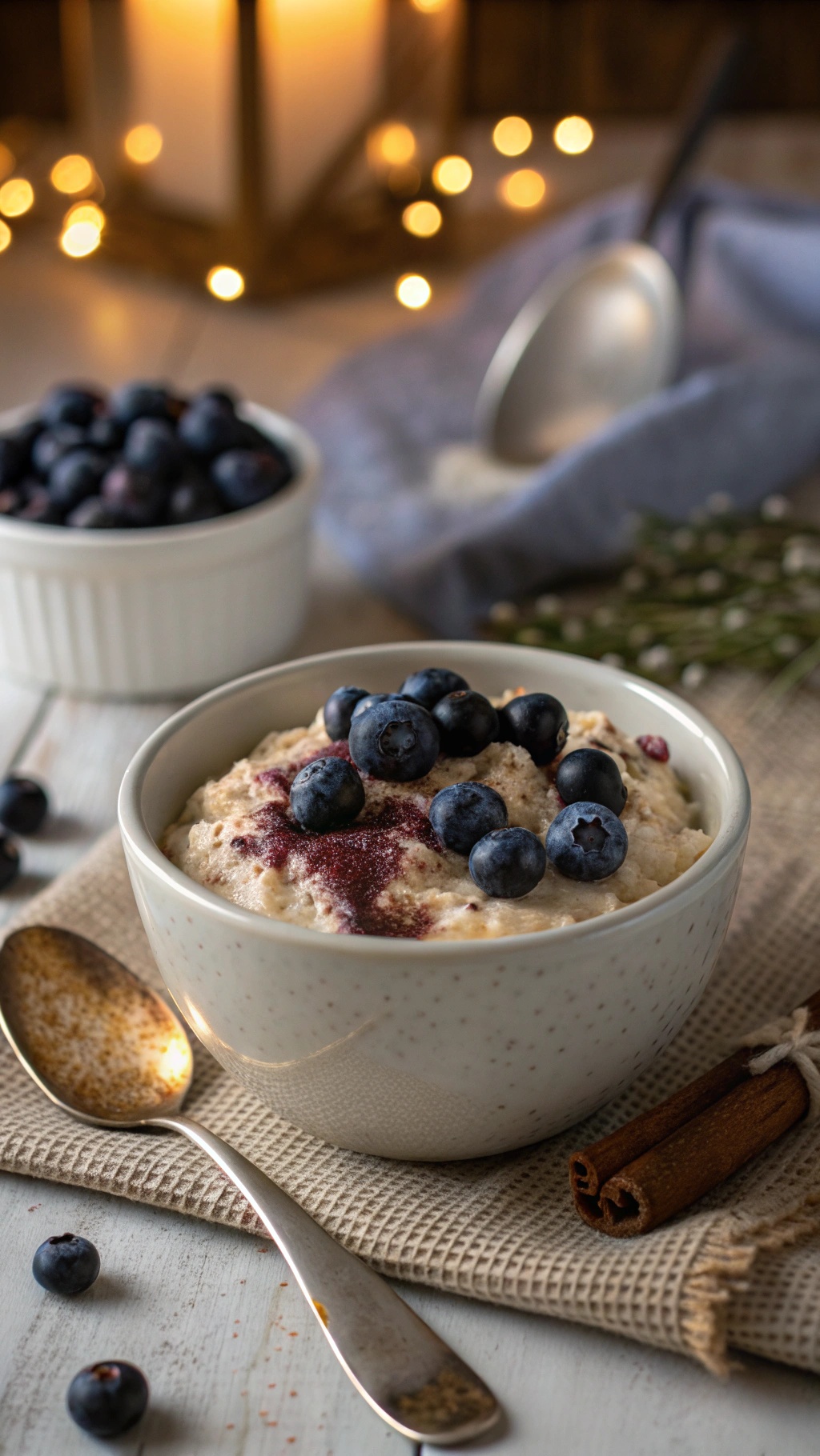 A cozy bowl of blueberry rice pudding topped with fresh blueberries and a sprinkle of cinnamon.