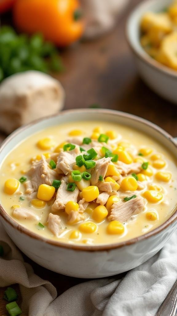 A bowl of chicken and corn chowder topped with green onions, with fresh ingredients in the background.