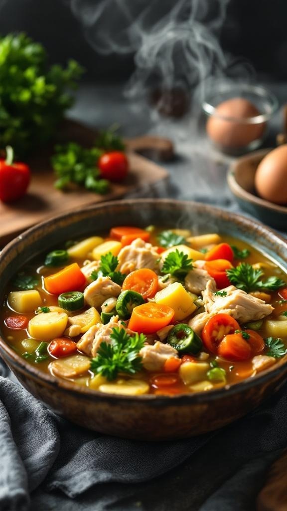 A bowl of chicken and vegetable soup with colorful vegetables and herbs.