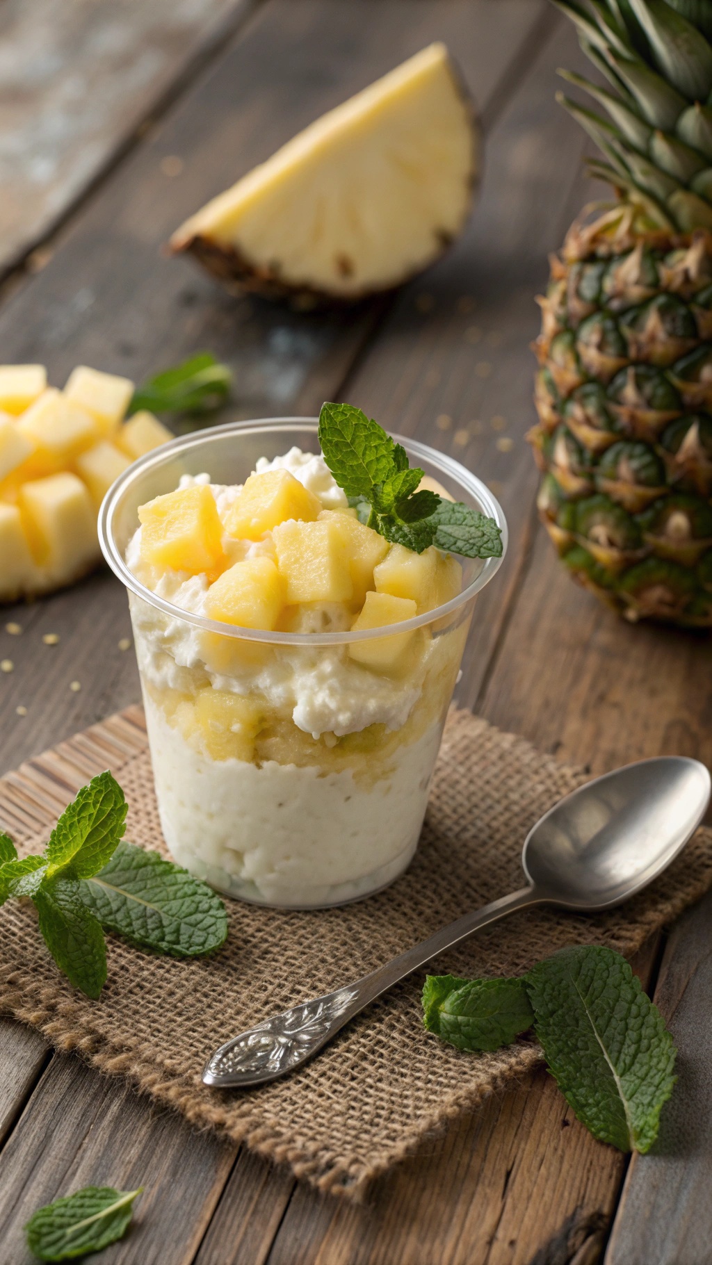 Cottage cheese and pineapple cups with mint leaves on a rustic wooden table