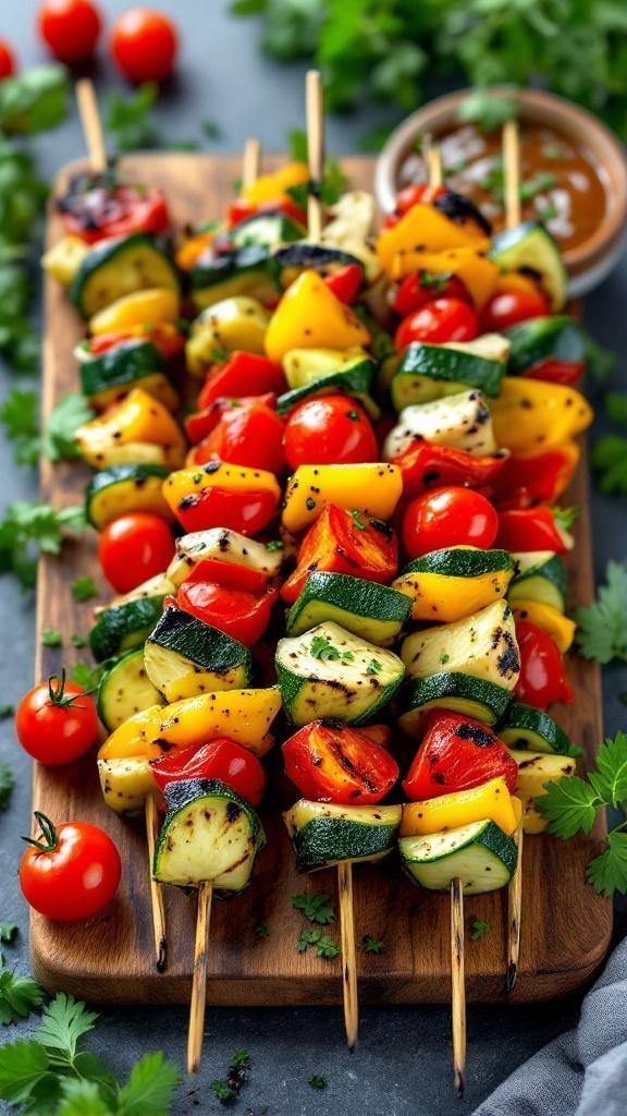 Colorful grilled vegetable skewers on a wooden board with cherry tomatoes and a dipping sauce.