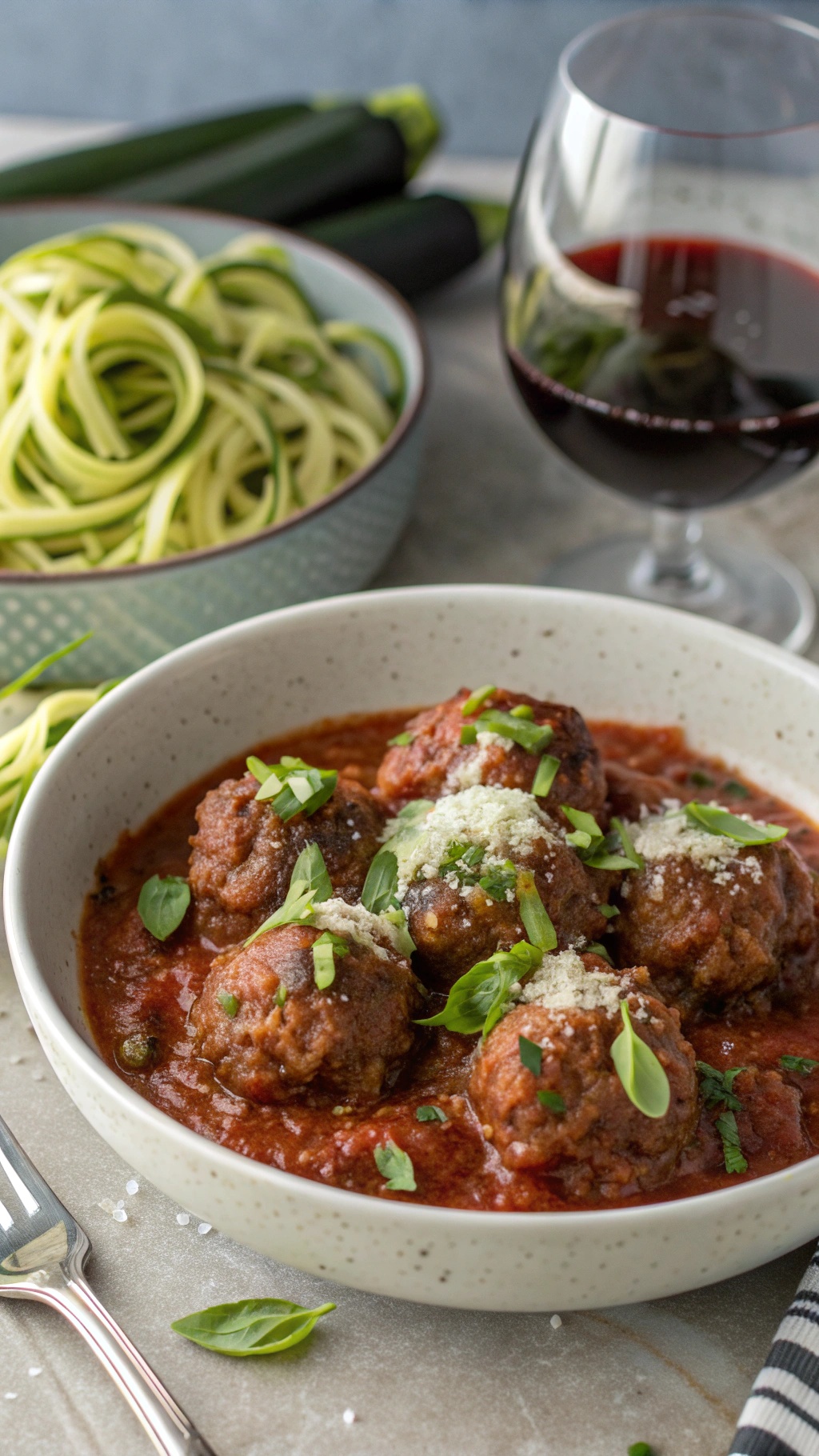 A bowl of keto meatballs in marinara sauce with fresh basil on top, served with zucchini noodles.