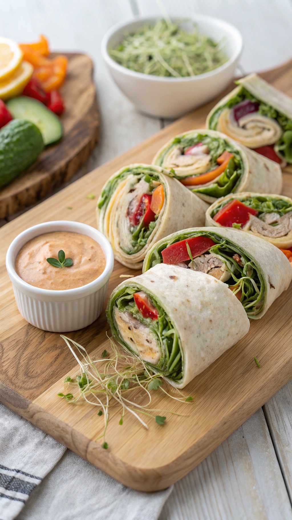 Mediterranean veggie wraps with fresh vegetables and a dipping sauce on a wooden board.