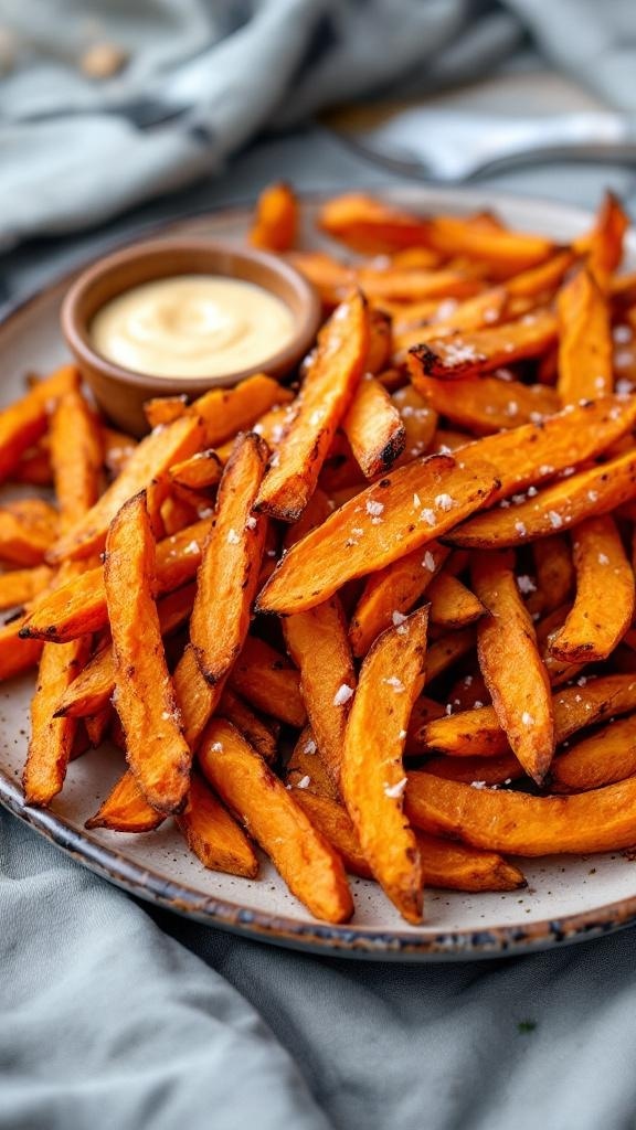 A plate of crispy sweet potato fries with a small bowl of dipping sauce