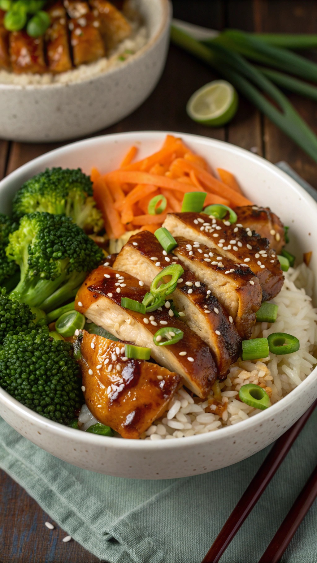 A delicious teriyaki chicken bowl with rice, broccoli, and carrots