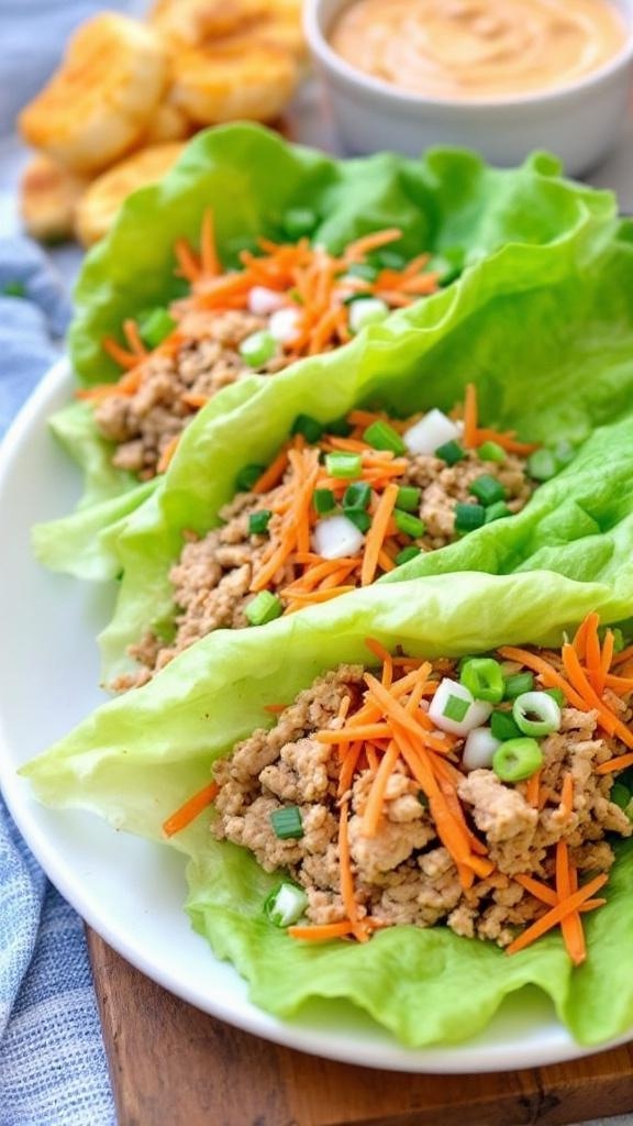 Turkey lettuce wraps filled with ground turkey, shredded carrots, and green onions, served with a dipping sauce.