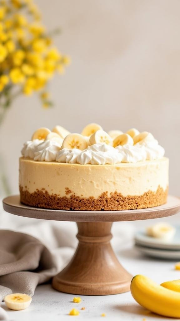 A no-bake banana pudding cheesecake topped with banana slices and whipped cream on a wooden cake stand.